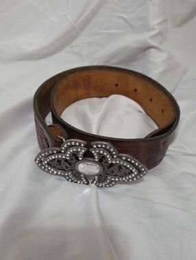 Brown Floral Stamped Leather Belt Crystal-Accent Silver Buckle, Like New Cond